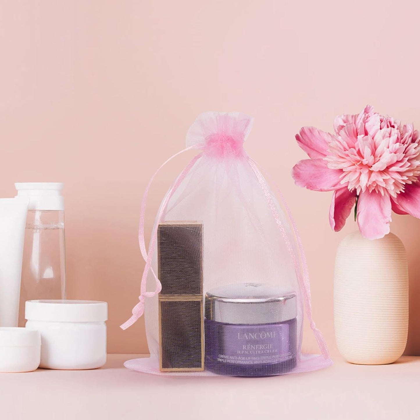 50 Pcs Pink Organza Bags 6x9 Inch, Mesh Drawstring Pouch Bags for Gifts, Jewelry, Wedding Party Favors