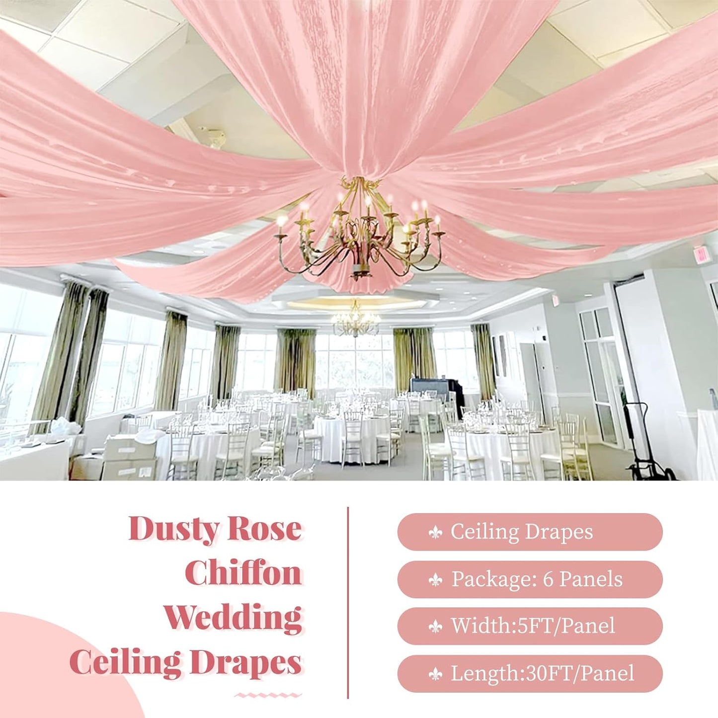fani 6 Panels Dusty Rose Wedding Ceiling Drapes 5ftx30ft Ceiling Drapes Chiffon Fabric Arch Draping Sheer Curtains Soft Drapery Draping Wedding Ceiling Decorations for Party Ceremony Stage Swag