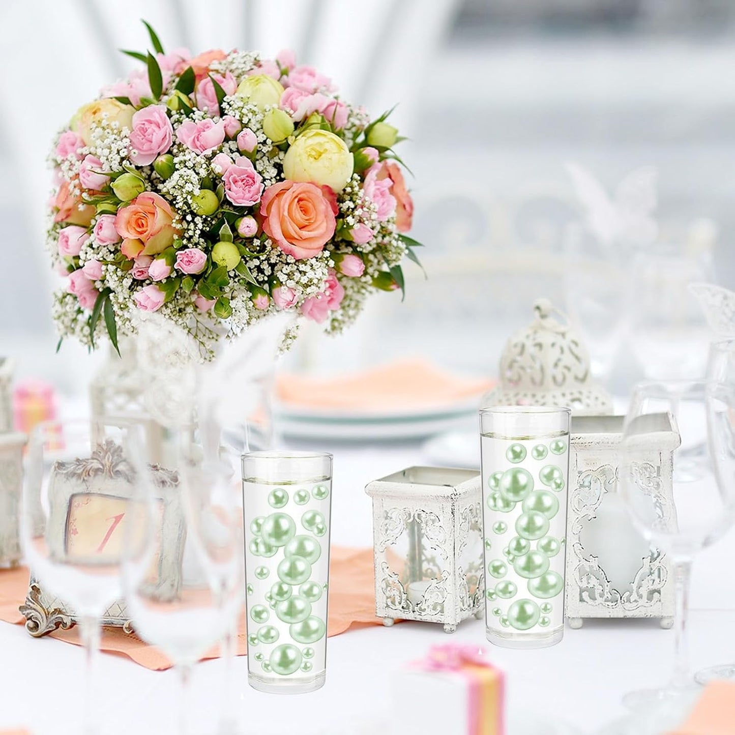 100PCS Light Green Faux Pearls Beads for Centerpiece Vases, Vase Filler Faux Pearls, No Holes Filler Beads for Easter Party Anniversary Birthday Wedding Table Decor, 14/20/30mm