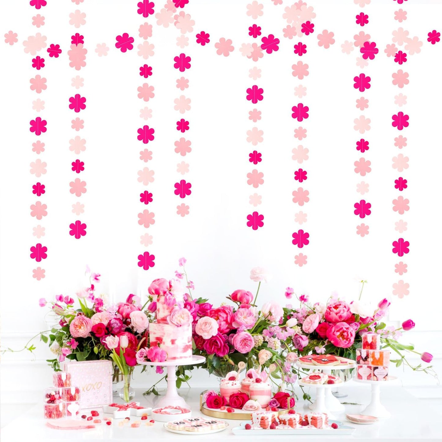 Pink Party-Decorations Streamers-Garland - 52ft Flower Hanging Paper Banner, Birthday Baby Bridal Shower Bachelorette Wedding Decor Hugfond
