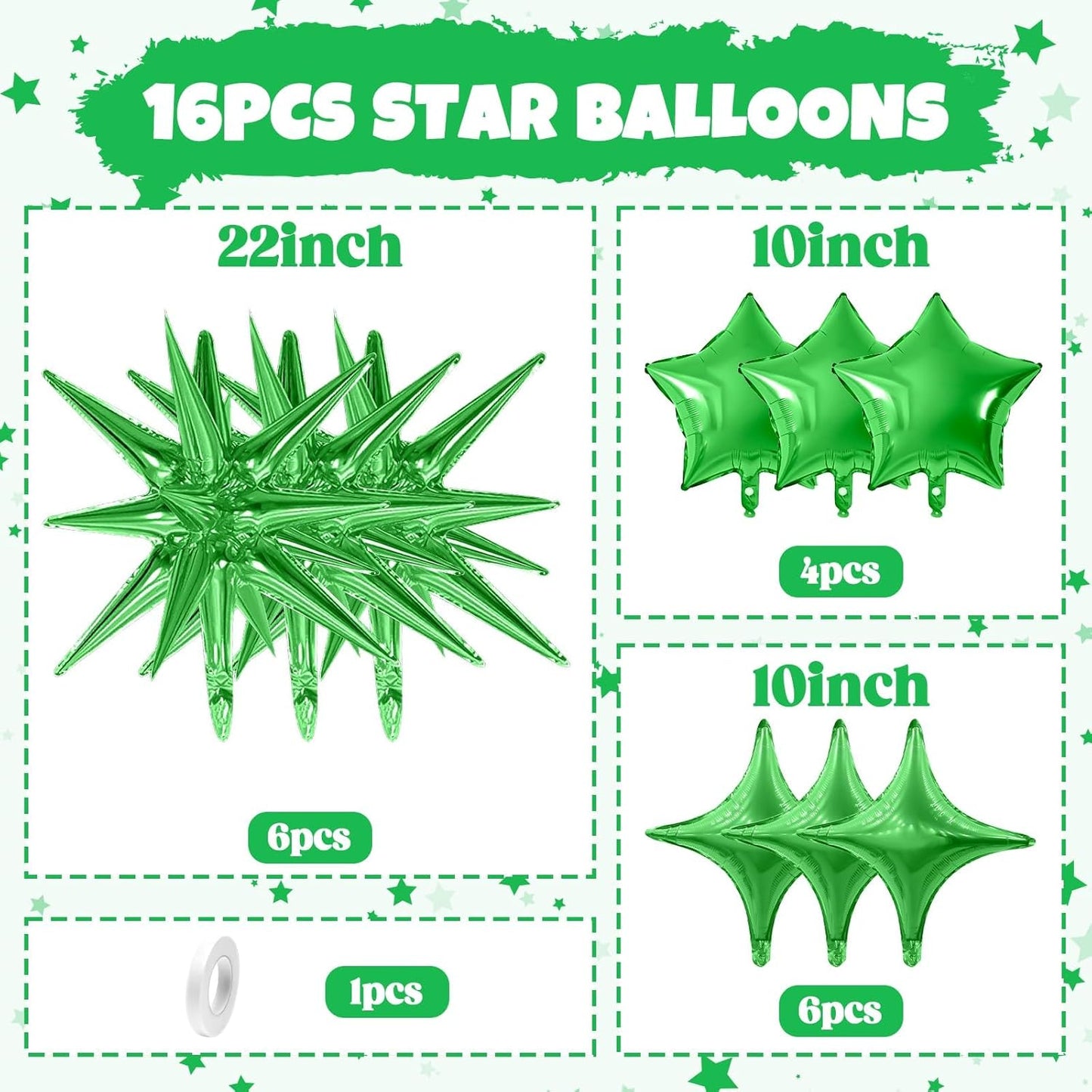 Green Star Balloon,16Pcs Star Foil Balloons Set with 22Inch Explosion Spike Cone Balloons and 10Inch Quadrangle Helium Balloon for Birthday Wedding Baby Shower and Halloween Party Decorations