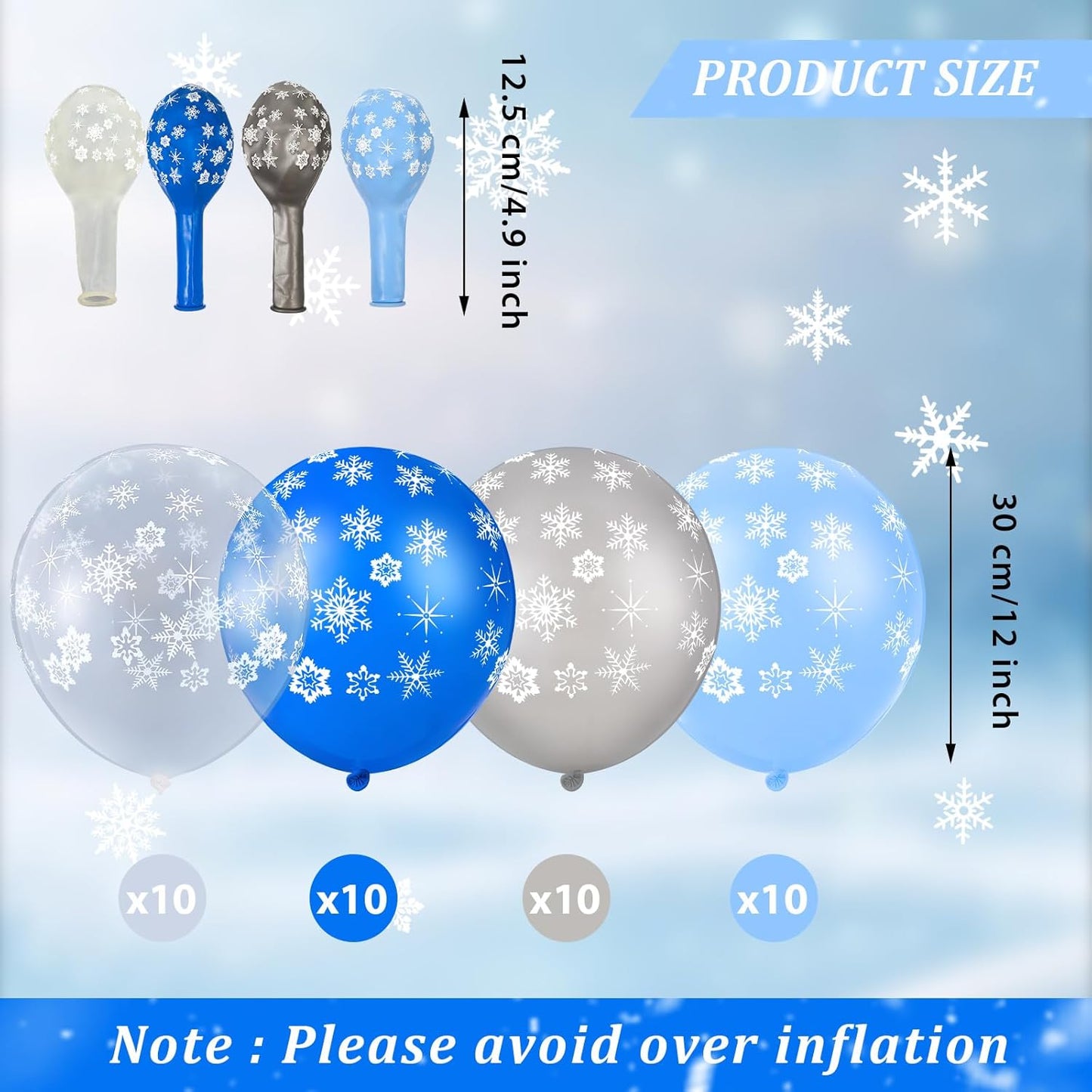 Skylety 40 Pieces Snowflake Balloons Bulk Winter Transparent Snowflake Latex Balloons for Christmas Birthday Wedding Party Decorations(Blue, Macaron Blue, Silver, Clear)