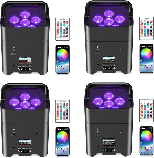 9600mAh Wireless Uplights, 6x18W RGBWA UV Rechargeable Stage Lights, APP/DMX512/Remote Controlled Par Lights, Battery Powered Uplights for Show, Party, Festival, Event, 4 Pack