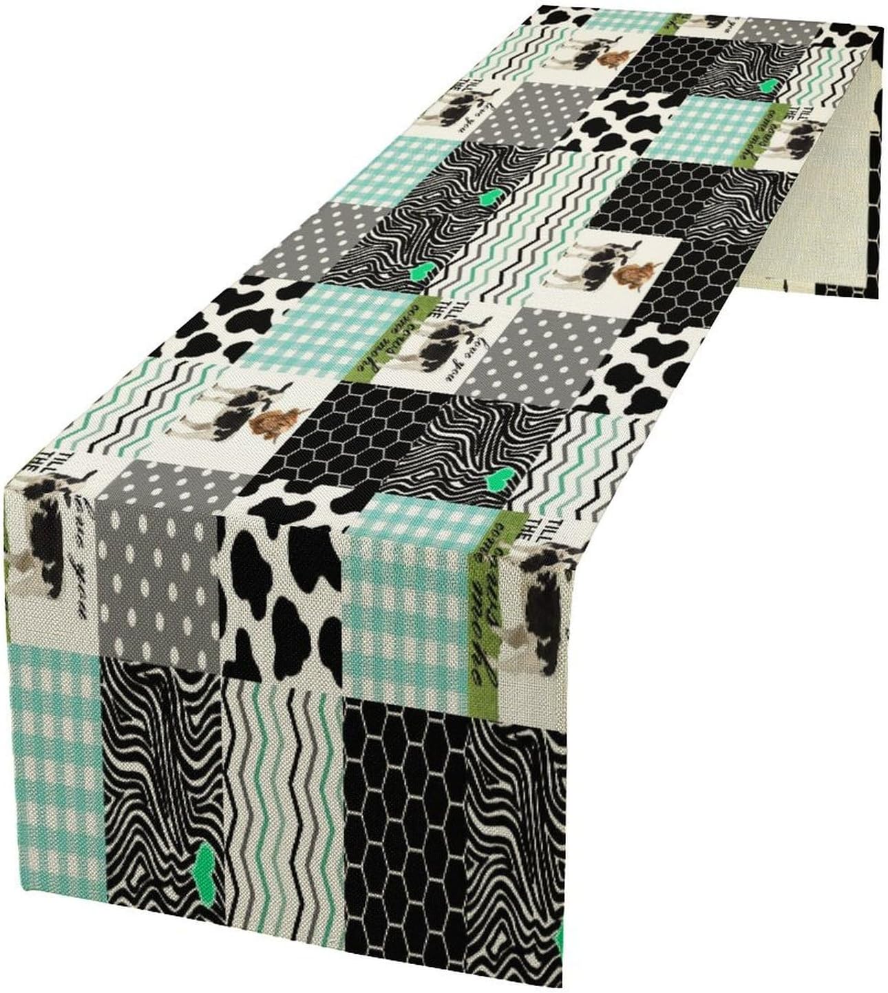Cute Cow Print Table Runner,Farm Animals Honeycomb Plaid Stripes Cowhide Pattern Tablecloth Burlap for Hotel Indoors Outdoor Dining Room Kitchen Table Decor, 13x108in