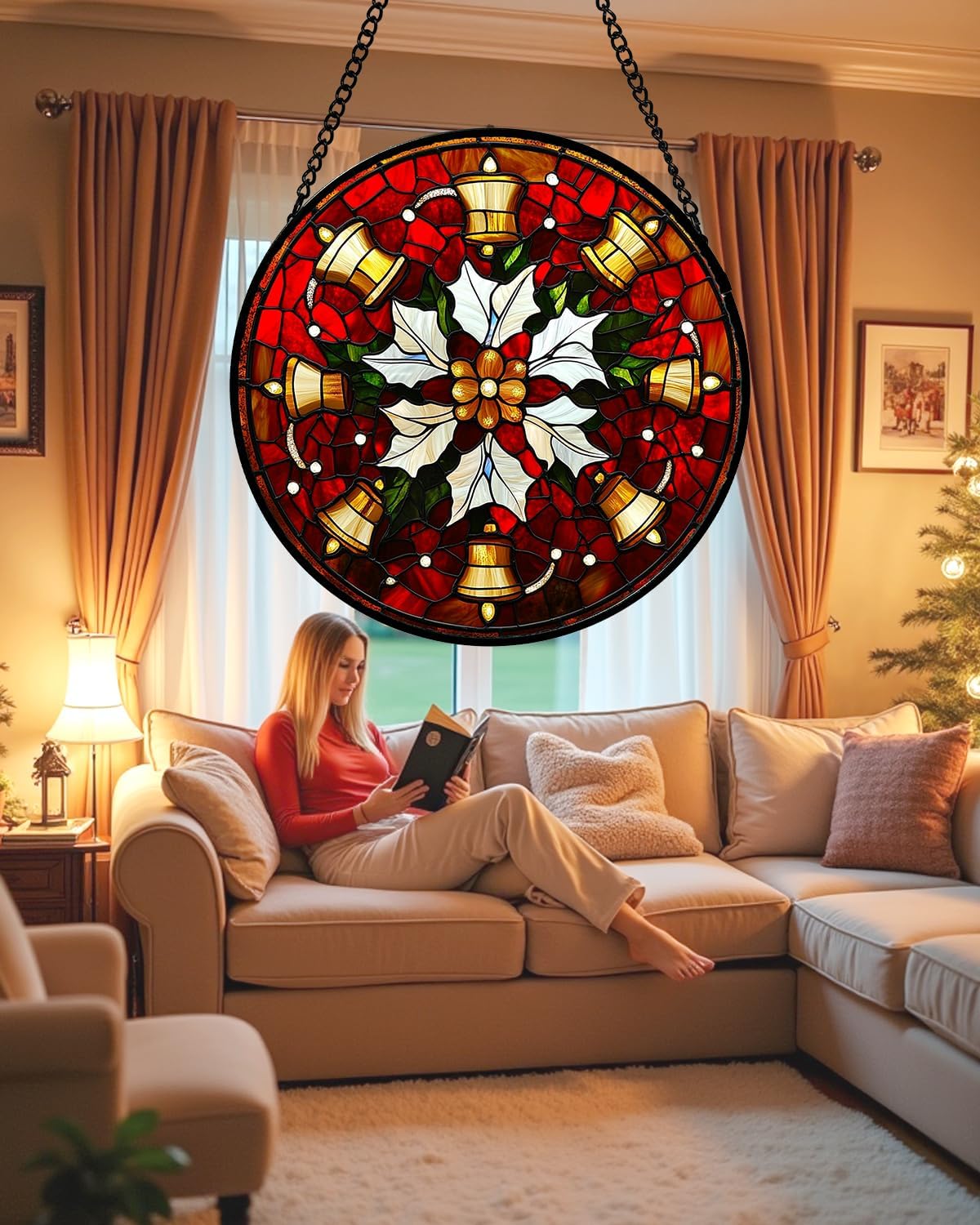 Stained Glass Window Hanging - Golden Bells Flowers Suncatcher for Doors Home Christmas Decoration Winter Sun Catcher Thanksgiving New Year Birthday Gift for Friend Women Men Mom Nana 6.3 in