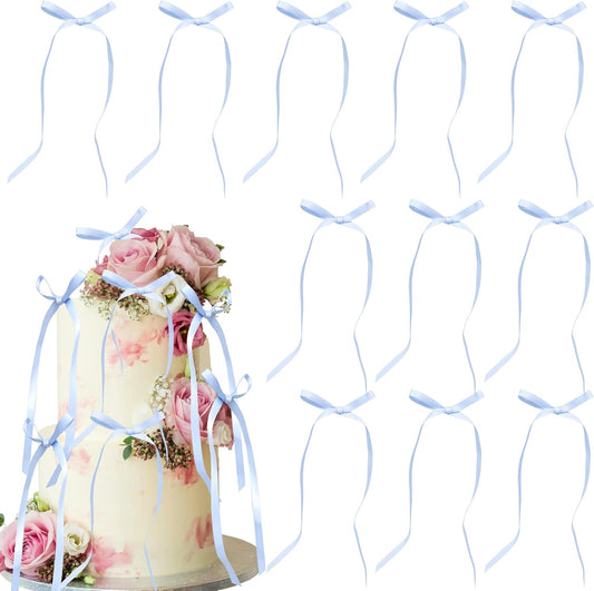 Ephlyn 30Pcs Bow Cupcake Toppers Valentine's Bowknot Ribbons Coquette Bow High Footed Cup Balloon Wall Party Decorations Cake Dessert Picks Birthday Wedding Party Supplies Blue