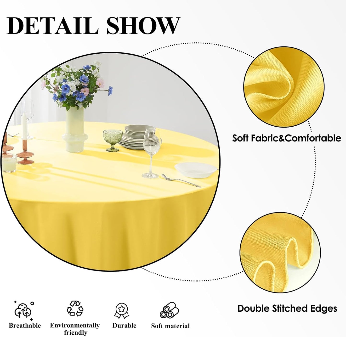 Round Tablecloth 132 Inch 6 Pack Yellow Tablecloths Washable Decorative Linen Polyester Table Clothes Cover for Dining Table Banquets Buffet Parties and Wedding