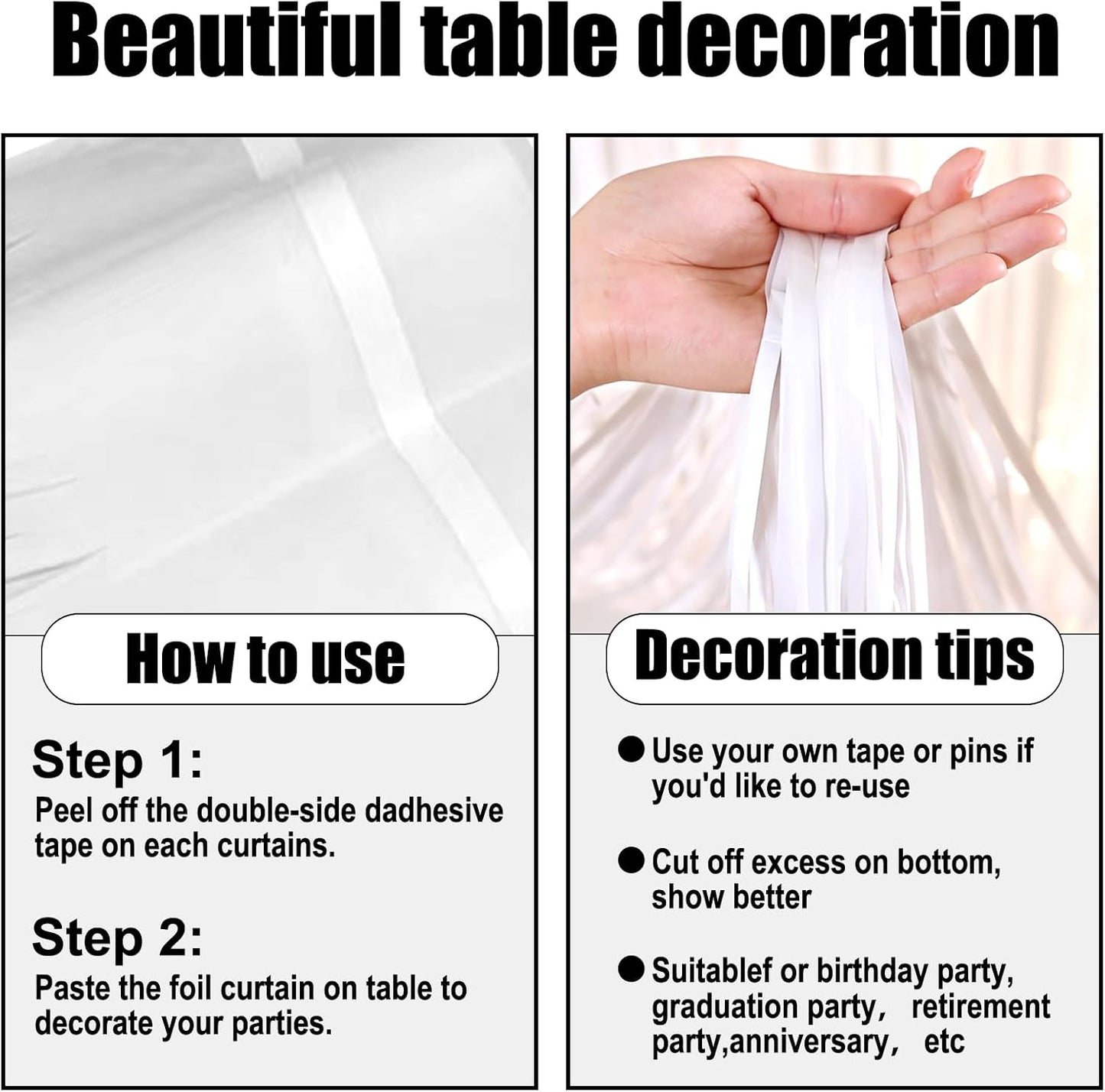 3 Pack 29 x108 Inch Macaron White Foil Fringe Table Skirts Metallic Banner for Tinsel Streamer Garland Backdrop for Parade Floats Wedding Thanksgiving Birthday Christmas New Year Party Decoration