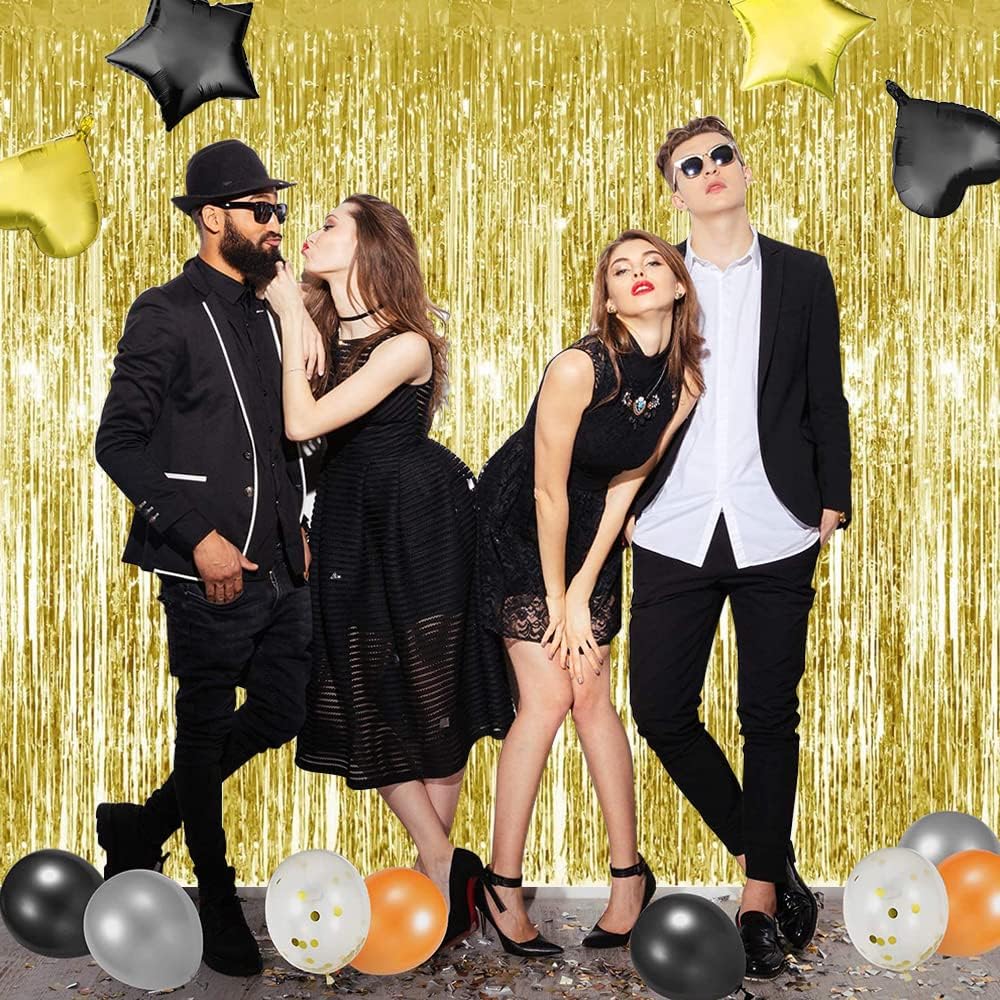 3Pcs Gold Metallic Tinsel Foil Fringe Curtains,3.28ft x 6.56ft Gold Photo Booth Backdrop Streamer Curtain,Photo Booth Props,Ideal Bachelorette Party Supplies, Birthday, Christmas,New Year Decorations