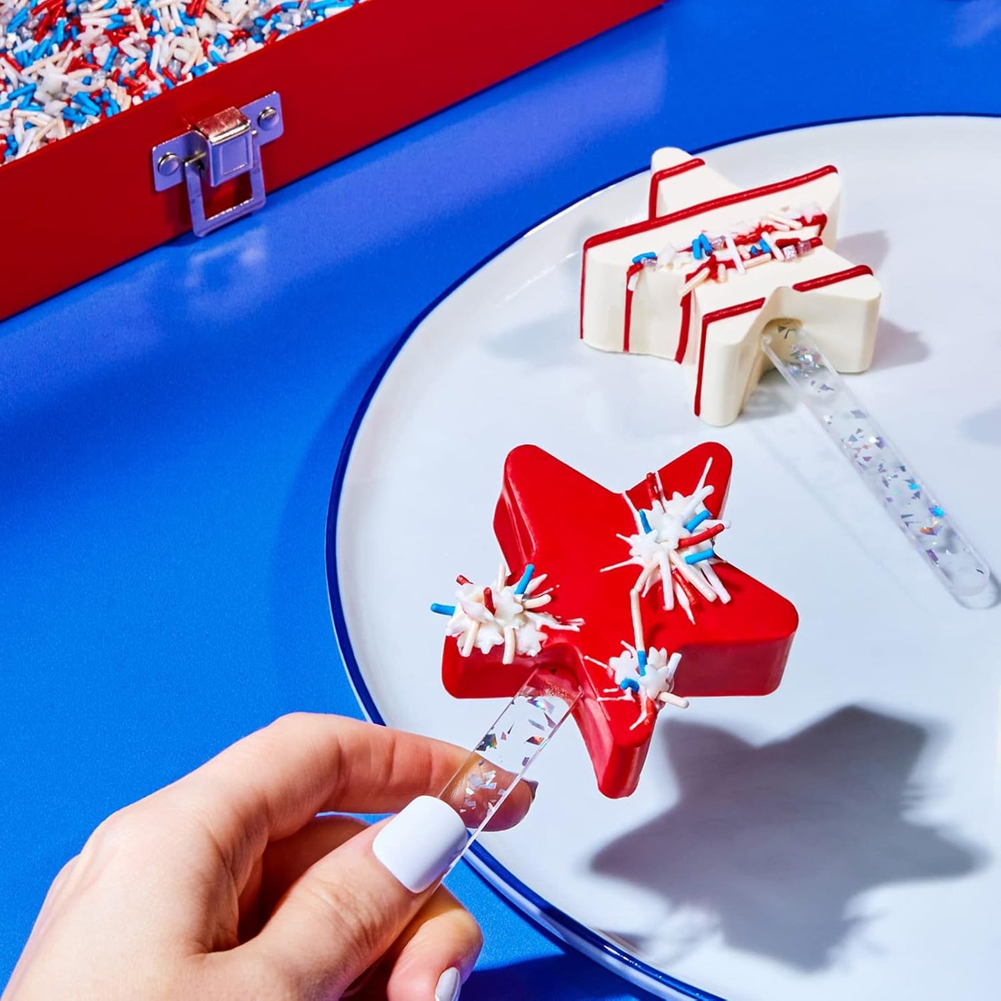 Fancy Sprinkles Superheroes, Assemble! Crunchy Jimmies, Sugar Nuggets, Mini Edible Glitter Stars, And Hexagons In Metallic Silver, Red, White, And Blue (0.25c)