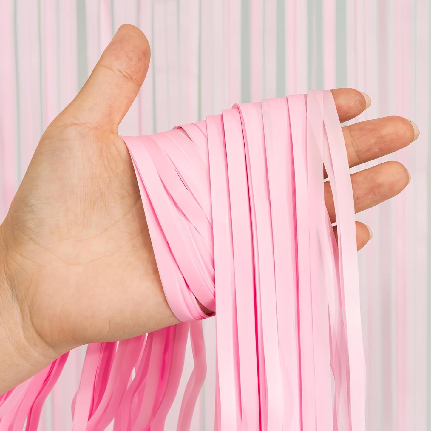 Pastel Pink Party Backdrop Decoration - GREATRIL Baby Pink Foil Fringe Streamers for Baby/Boo Day/Valentines/Cowgirl/Sweet/Cloud/Unicorn/Princess/Bow Themed - 3.2ft X 8.2ft - 2 Packs