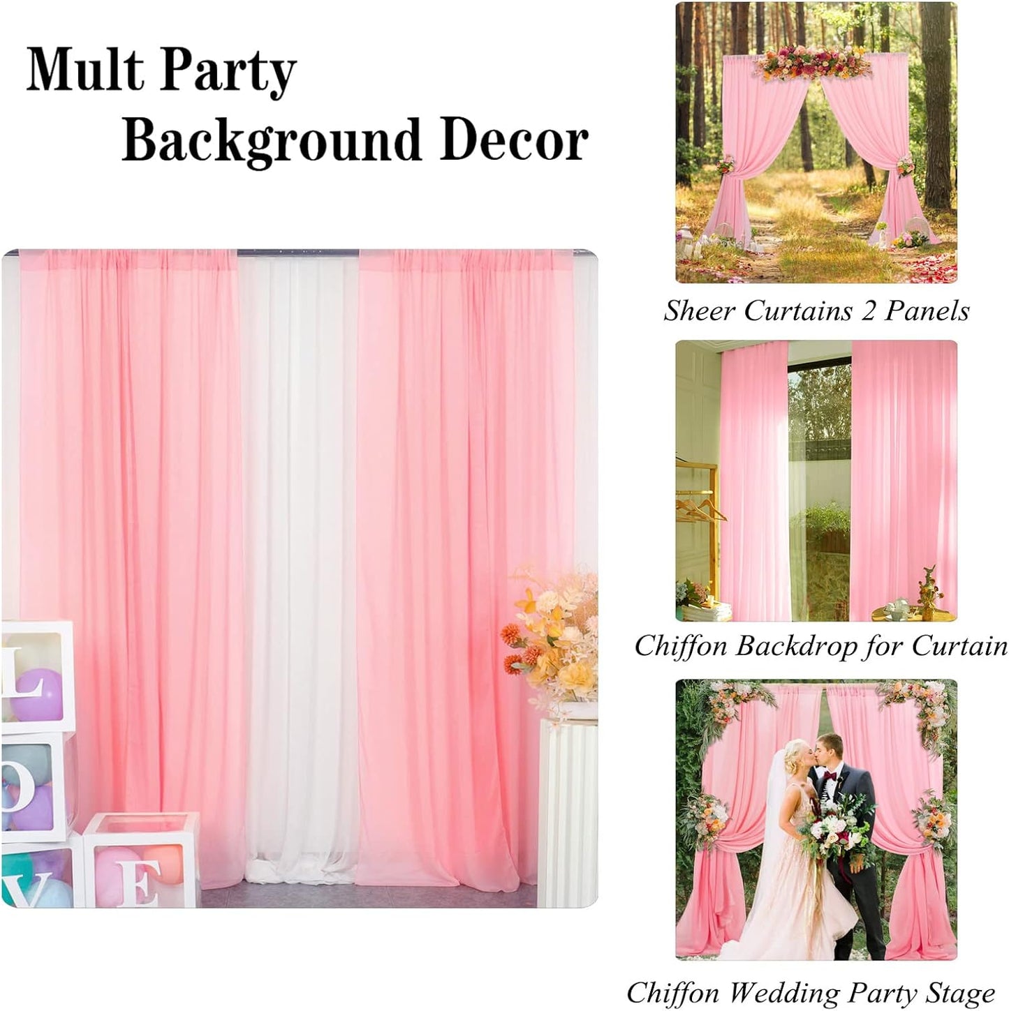 DUOBAO Pink Chiffon Backdrop Curtain-2 Panels 29x96-Inch Wedding Backdrop Drapes Sheer Beach Curtains for Living Room Voile Window Curtain for Photography Backdrops Christmas Ceremony Decor, Baby Pink