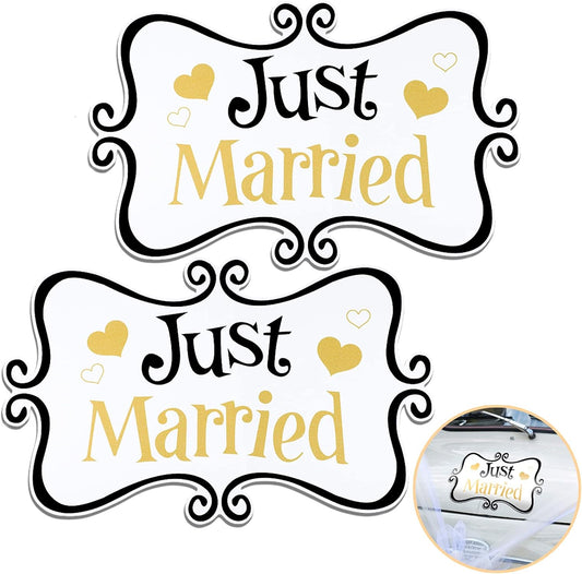 2 Pcs Large Just Married Car Decorations Just Married Car Magnets Sign Decoration 13.9 x 8.8 Inch Honeymoon Rear Tailgate Magnet Stickers for Wedding Door Panel Refrigerator(Black and Gold)