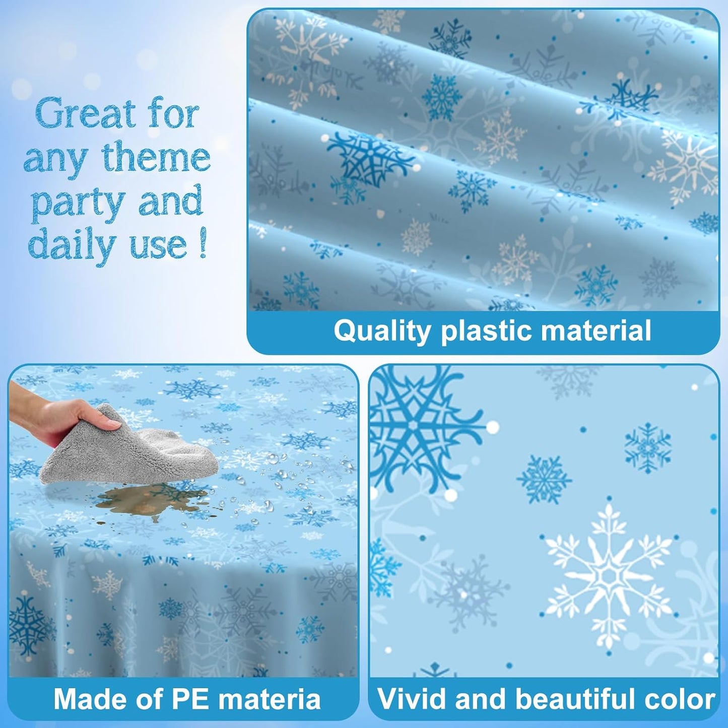 3Pcs Christmas Snowflake Plastic Party Tablecloth Decorations,Disposable Light Blue Snowflake Xmas Round Table Cover Backdrop for Winter Onederland Christmas Holiday Party Supplies,84 inch(Light Blue)