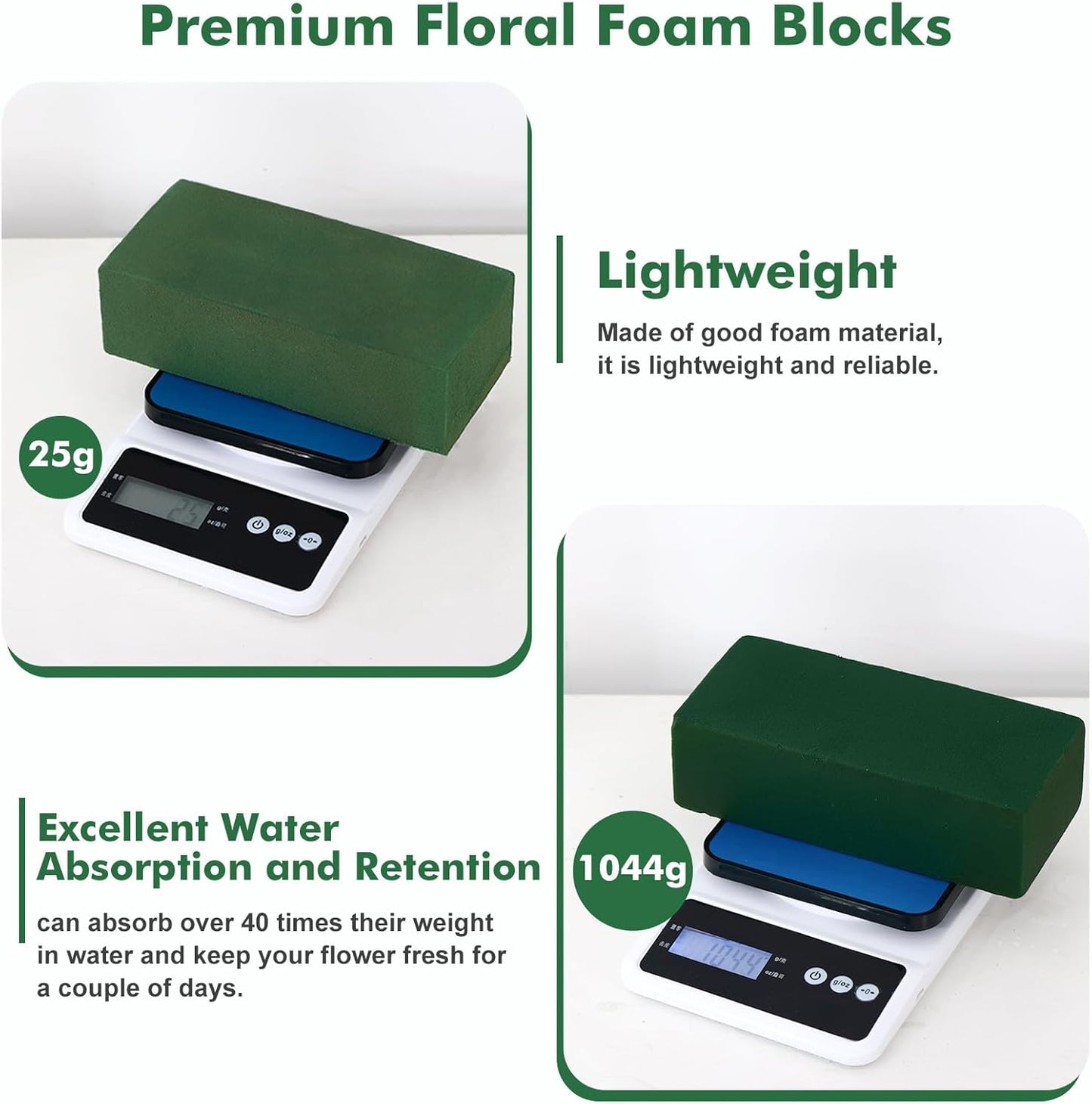 24 Pcs Floral Foam Blocks for Fresh & Artificial Flowers, 5.5" L x 3.1" W x 1.7" H Wet & Dry Green Flower Foam for Indoor Outdoor Floral Arrangements, Foam Bricks for Wedding, Birthdays, Home Décor