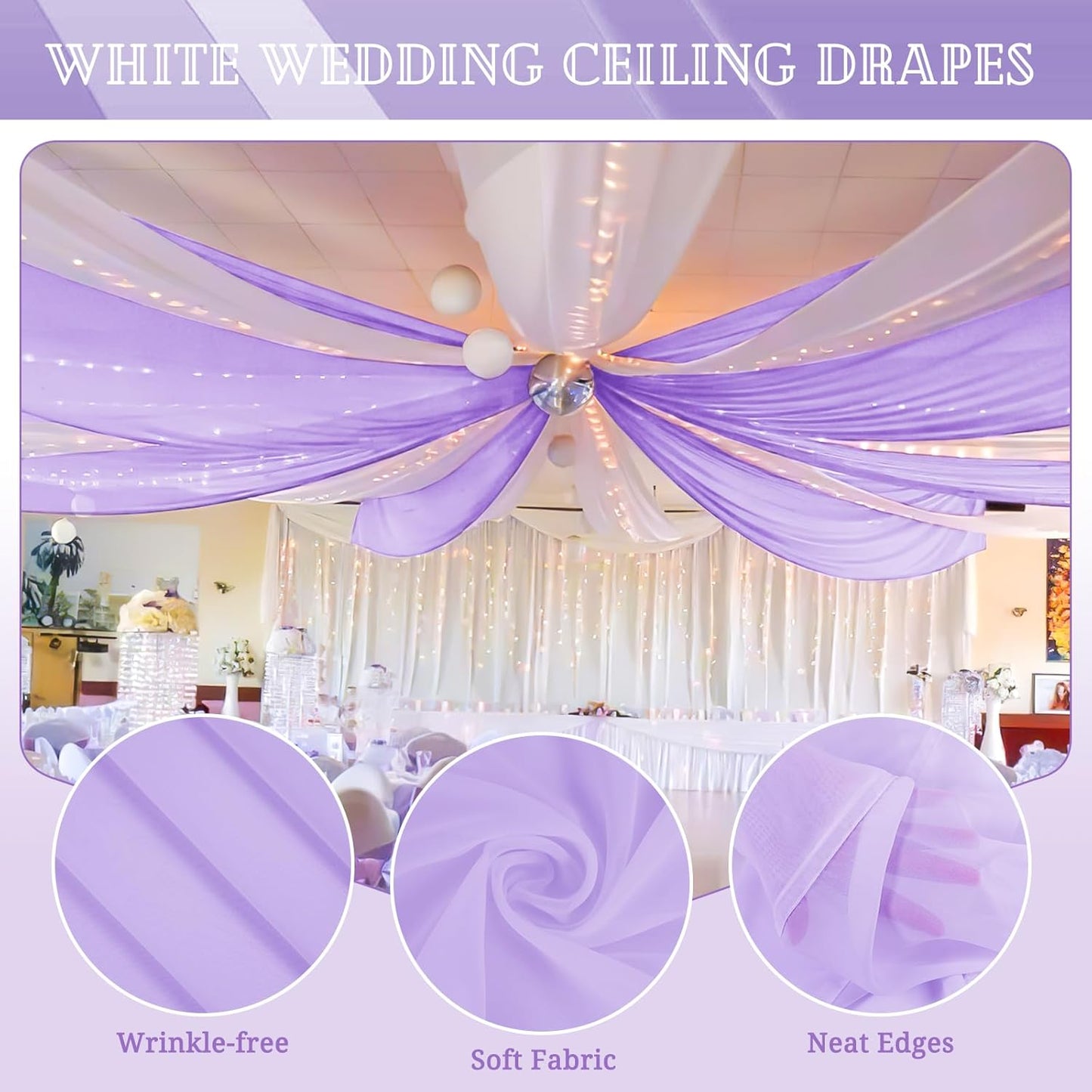 6 Panels Lavender Ceiling Drapes for Wedding 5ftx30ft Chiffon Fabric Arch Draping Curtains Sheer Drapery for Party Ceremony Birthday Baby Shower Reception Stage Swag Ceiling Decorations