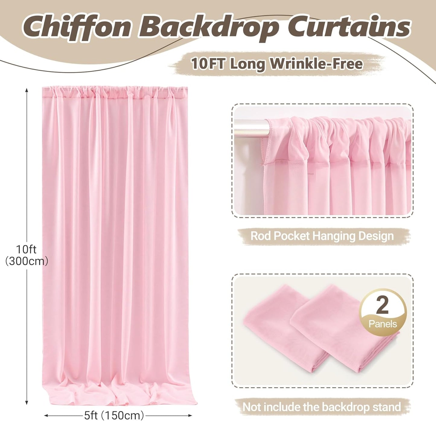 10ft x 10ft Peach Pink Backdrop Curtains, Wrinkle-Free Sheer Chiffon Fabric Photo Backdrop Drapes for Wedding Arch Party Ceremony Stage Photography Decorations