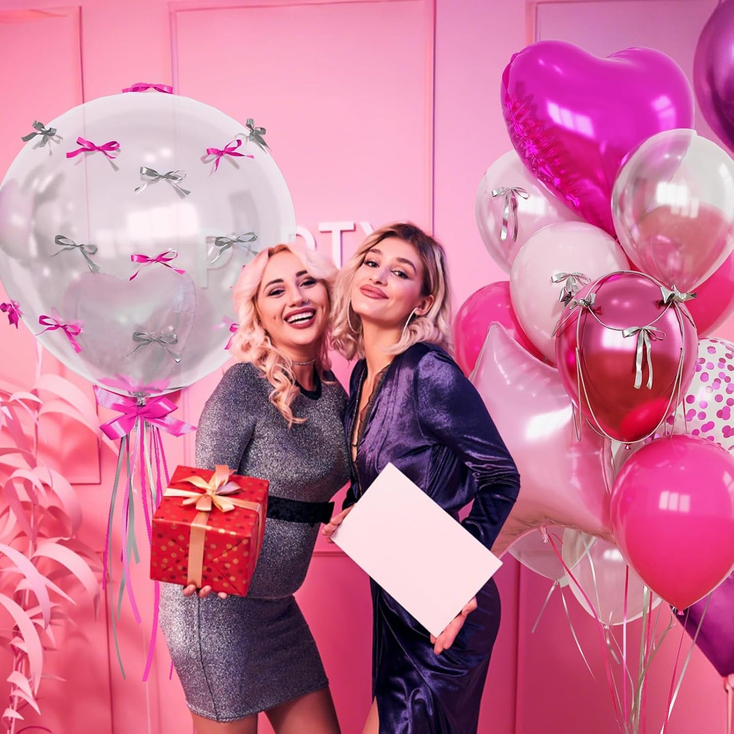 Hot Pink Balloons Pink Heart Star Balloon as Pink Birthday Decorations, Metallic Magenta Light Baby Pink Balloons 18 inch Clear Confetti Heart Star Mylar Shape Foil Balloon as Princess Kid Party Decor