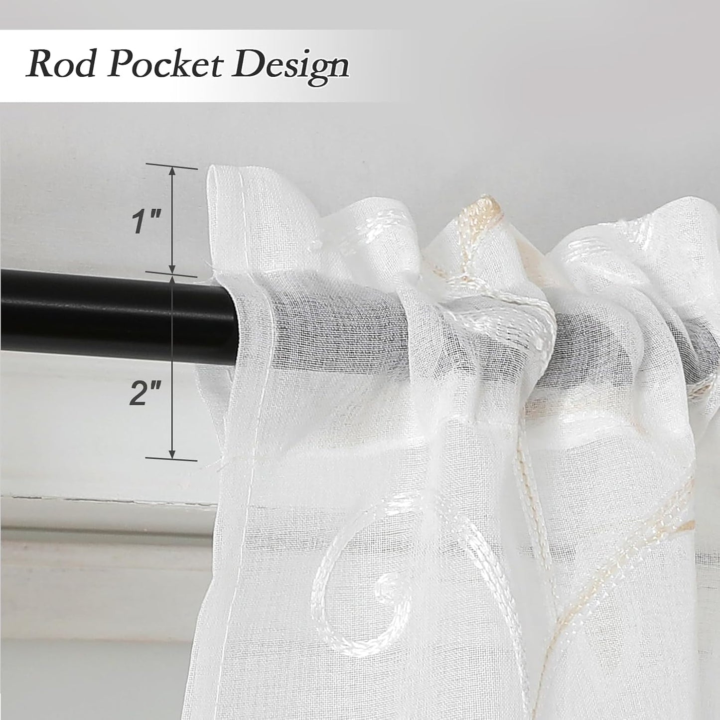 VISIONTEX Sheer Voile Curtain Valances, Decorative Leaves Embroidered, Rod Pocket Window Treatment for Kitchen/Rustic Bedroom/Living Room (54 x 16 Inch,1 Panel)