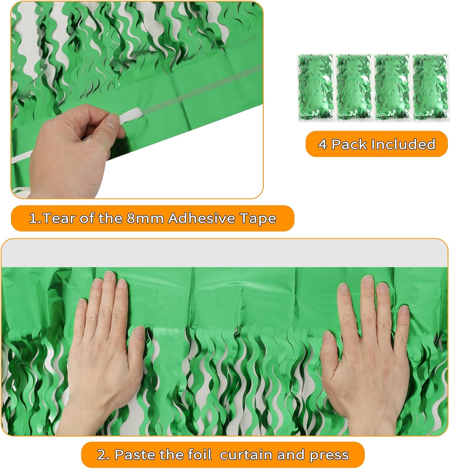 4Pcs Wavy Green Fringe Backdrop -3.3x6.6ft Green Streamer Foil Curtains for Jungle Party Decorations | St Patricks Day Decorations | Football Decorations | Xmas