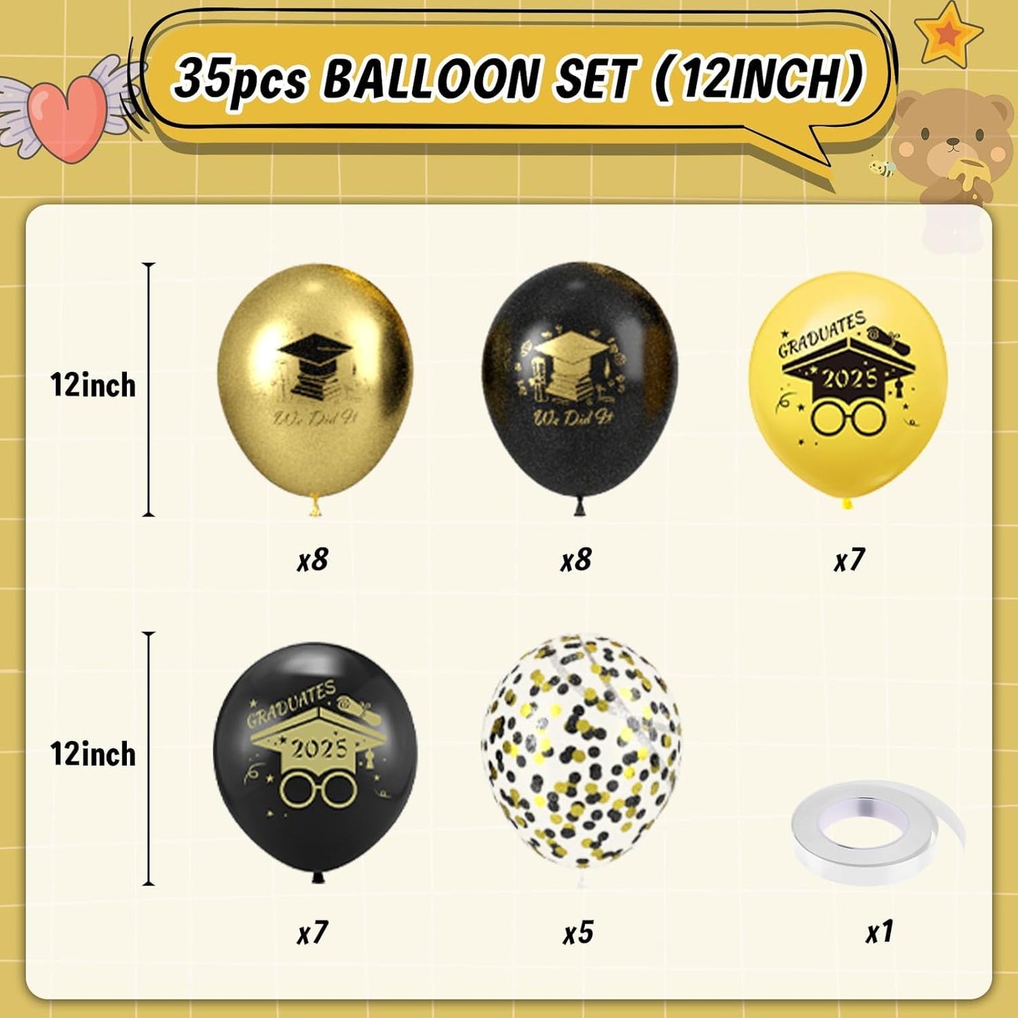 2025 Graduation Balloons, 12 Inch Black and Gold Congratulations Congrats Confetti Balloons for Graduation Party Black and Gold Birthday Decorations