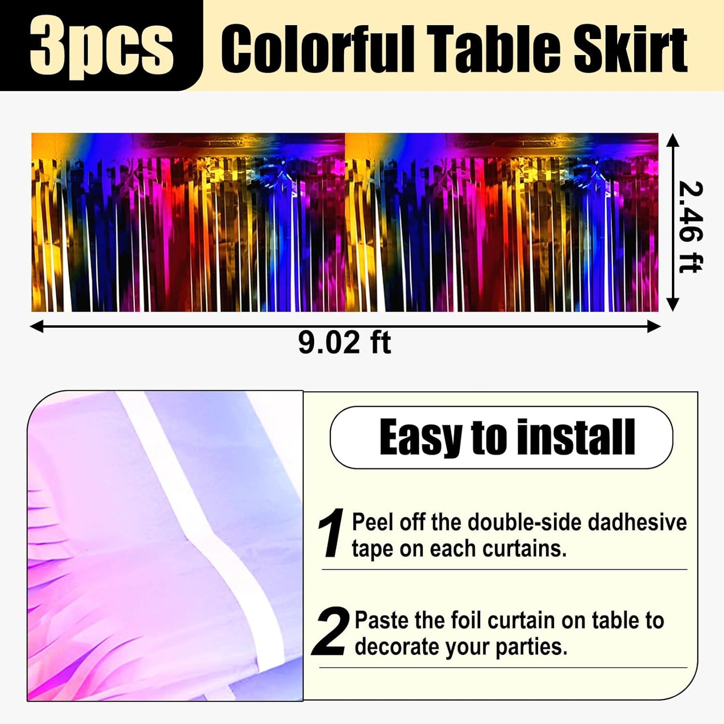 3 Pack 29x108 Inch Rainbow Foil Fringe Table Skirts Metallic Banner for Tinsel Streamer Garland Backdrop for Parade Floats Wedding Thanksgiving Birthday Christmas Halloween Party Decoration