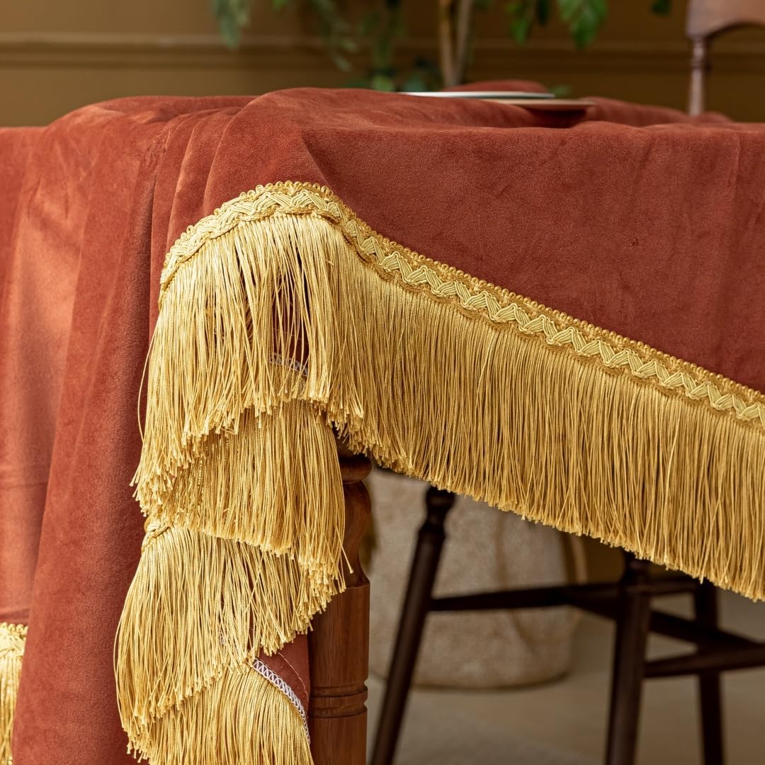 F-CHU Luxury Burnt Orange Tablecloth Thickset Velvet Tablecloth with Beautiful Gold Tassels Table Cloth for Home Decor Wedding, Party, Banquet and Events 60x60-Inch