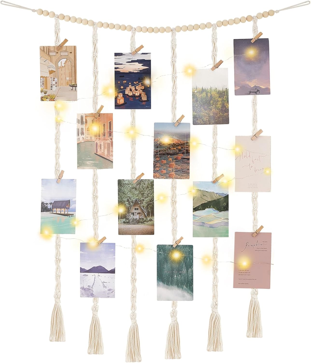 Mkono Macrame Hanging Photo Display Wall Decor with String Lights, Boho Wooden Beads Garland Collage Picture Card Frame Holder with 30 Clips for Bedroom Living Room Dorm, Teen Girls Christmas Gifts