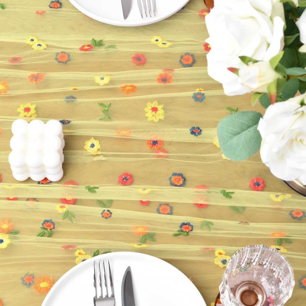 Joanlody Yellow Embroidery Daisy Fall Thanksgiving Table Runner Florals Seasonal Tulle Table Runner Holiday Kitchen Dining Table Decoration Wedding Party