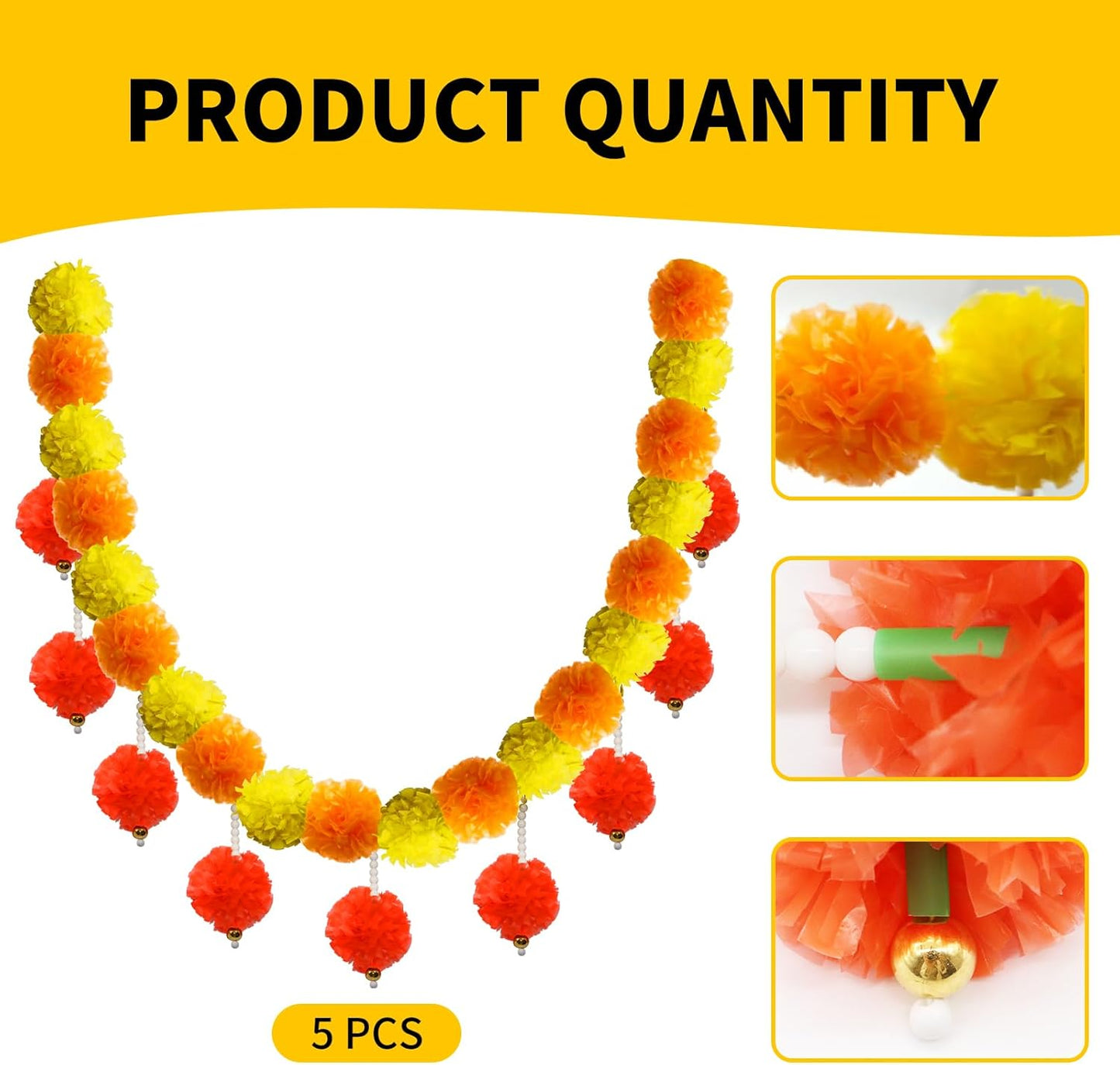 5 Pcs Diwali Artificial Marigold Garland with Pearls Decor, 4.5 Feet Artificial Marigold Flowers for Indian Pooja Diwali Home Mantle Decor Long Strands for All Year Decoration (Yellow＆Orange&Red)
