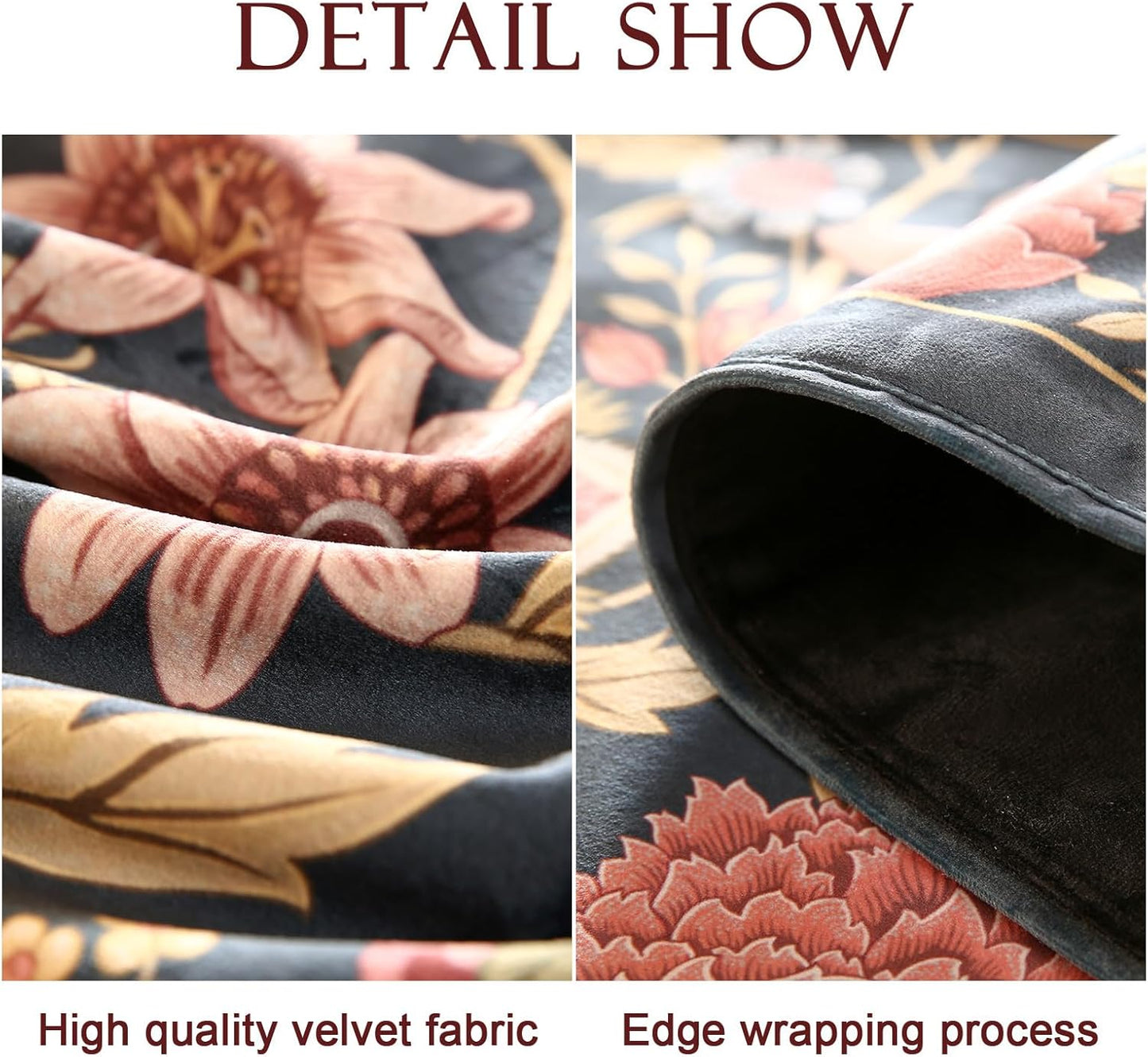 patdrea Designer Vintage Black Floral Velvet Table Runner 71 Inch Long, Pink Khaki Bouquets Pattern Table Mat, Decoration for Kitchen Dining Coffee Table Cabinet Banquet Thanksgiving,12"*71"