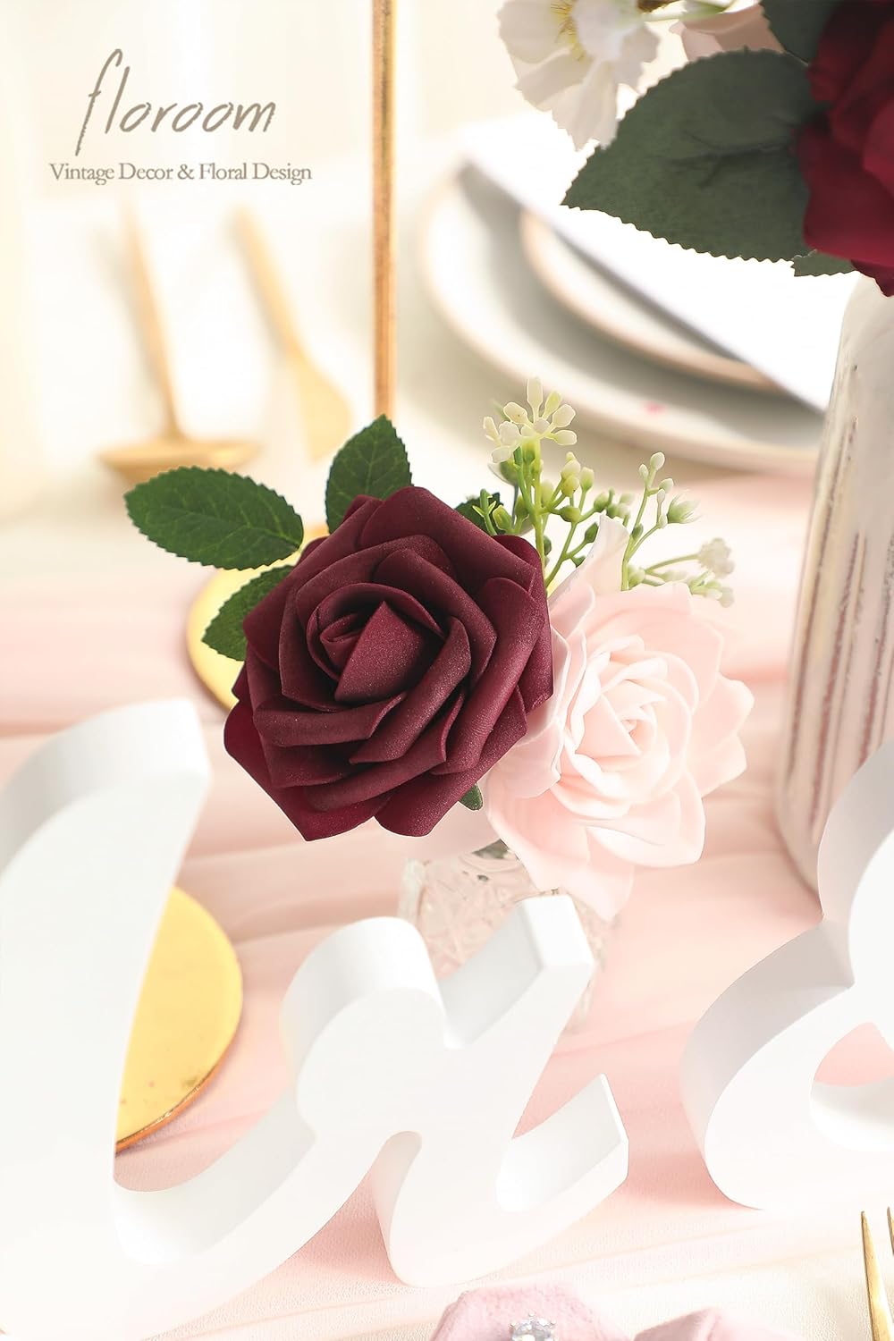 Floroom Blush Burgundy Artificial Flowers Dark Red Fake Roses Peonies Dahlia and Greenery Combo Box Set for DIY Wedding Bouquets Bridal Shower Centerpieces Floral Arrangements Party Tables Decorations