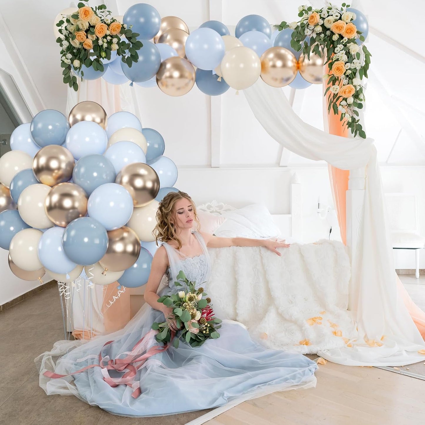 100pcs Dusty Blue and Gold Balloons, 12 Inch Haze Blue Sand White & Metallic Champagne Gold Balloons for Baby Shower Boho Wedding Bridal Shower Party Supplies (66ft Ribbons)