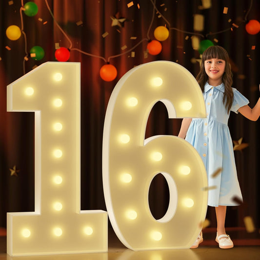 Marquee Numbers 4 Feet Tall Large Light Up Numbers 16th Sweet 16 Birthday Decorations Girl Boy Big Yellow Light Outdoor Anniversary Decorations Balloon Arch Kit Party Backdrop 16