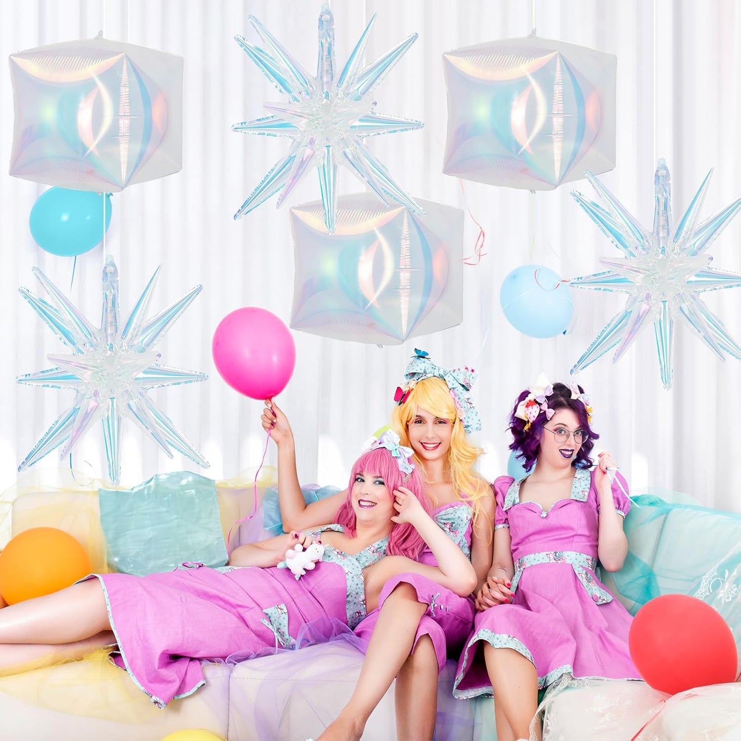 6Pcs Iridescent Foil Balloons, 22in Square Foil Balloons and Explosion Star Iridescent Balloon, Holographic Clear Cube Ball Balloon for Birthday Mermaid Rainbow Wedding Party Supplies