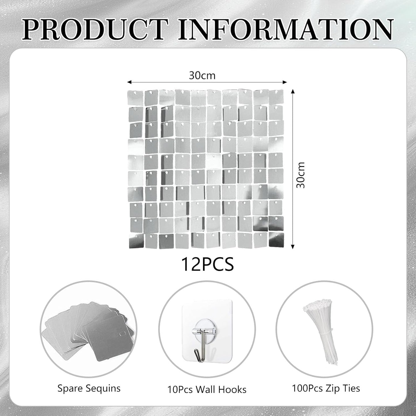 12PCS Silver Shimmer Wall Backdrop, Square Sequin Photo Backdrops Panel, Glitter Wall Background for Birthdays, Weddings, Engagements, Baby Showers, Disco Bachelorette Party Decoration (3FTx4FT)