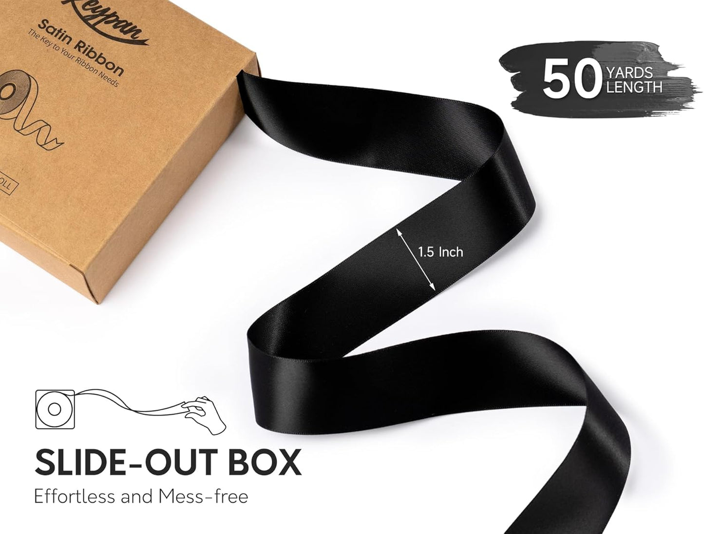 Black Satin Ribbon 1-1/2 Inch x 50 Yards Double-Faced Polyester Hair Ribbons for Women, for Gift Wrapping Paper Bows Wedding Invitations DIY Crafts