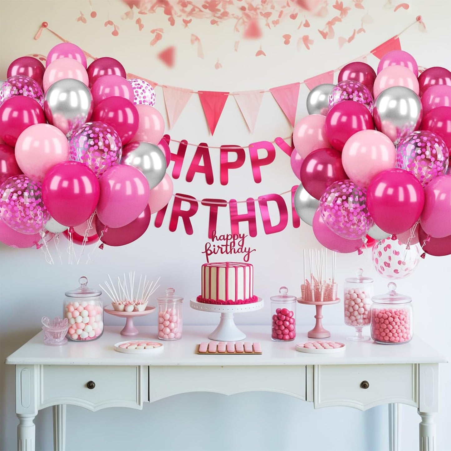 Paready Pink Balloons Set, 50PCS Hot Pink Latex Balloons, 12 Inch Confetti Balloon Metallic Silver Party Balloon Helium for Girls Women Baby Shower Princess Wedding Birthday Party Decorations