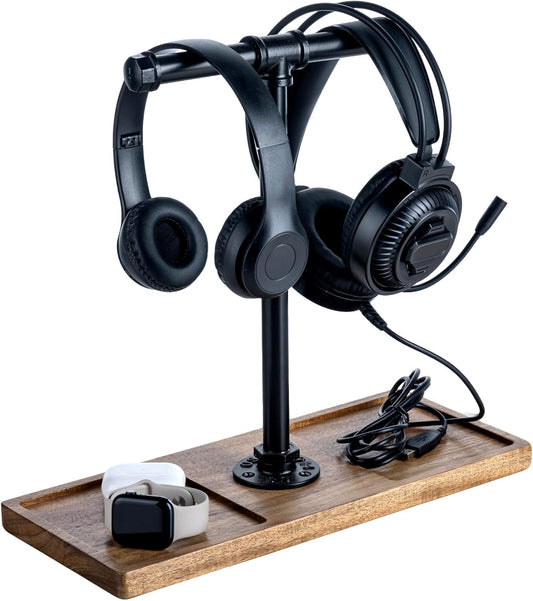 FARM IN Solid Acacia Wood Headphone Stand for Desk Industrial Headset Holder with Storage Base for Gaming and Office Accessories