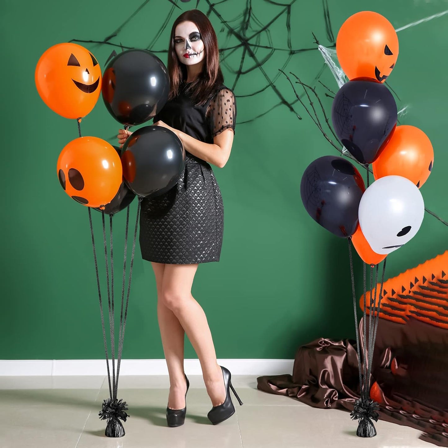 24 Pcs Balloon Weights Metallic Anchor Balloon Holder for Helium Balloons Heavy Table Weights and 1 Roll Iridescent Crimped Ribbon for Birthday Wedding Halloween Christmas Party(Black)