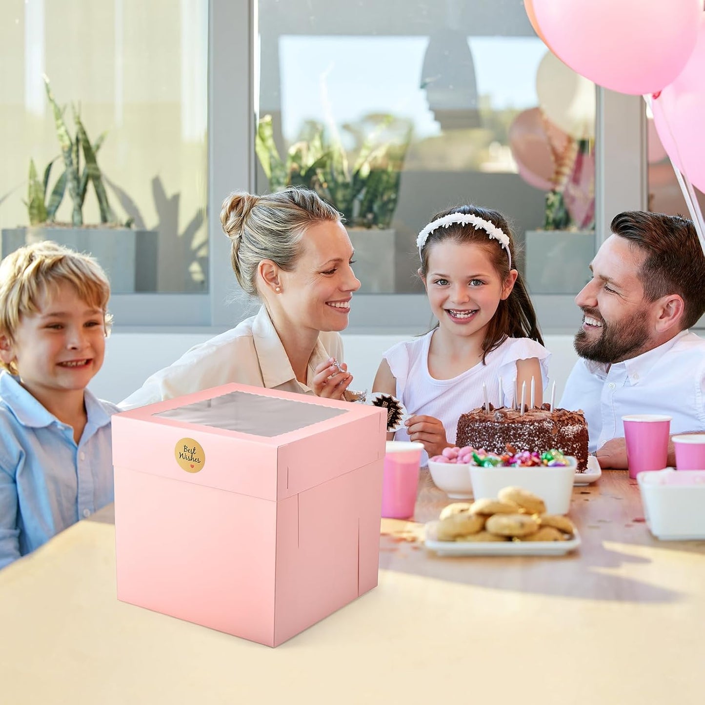 12Pcs Cake Boxes, 10x10x10 Inches Tall Cake Boxes with Window, Pink Disposable Tier Cake Containers for Pastries, Pie, Cookies, Chocolates, Cupcakes, Birthday Party, Wedding Bakery Boxes