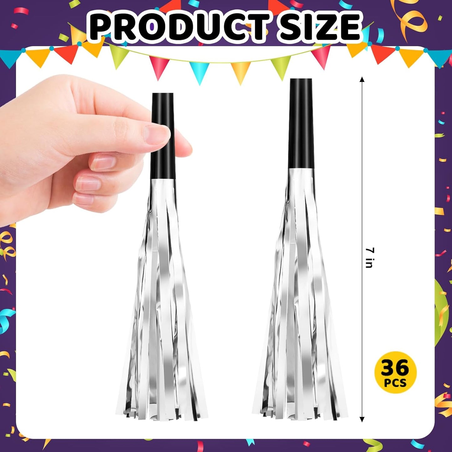 36 Pcs Noise Makers Birthday Blowers Glitter Metallic Fringed Party Blow Horns for Birthday Baby Shower Wedding Graduation Sporting New Year Party Favors Supplie（Silvery）