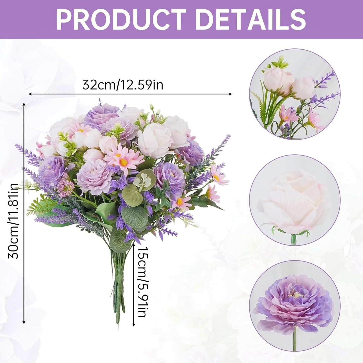 Fake Flowers Purple Artificial Silk Flower Bouquet Faux Flowers for Vase with Rose Peony Daisy for Home Wedding Baby Shower Bridal Bouquets Table Centerpieces Party Fathers Day Decorations