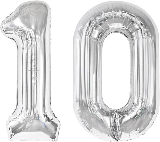 Silver 40 Inch 10 Number Balloons, 10 Decorations for 10 100Birthday, Foil Giant Birthday Graduations Anniversary Party Balloons