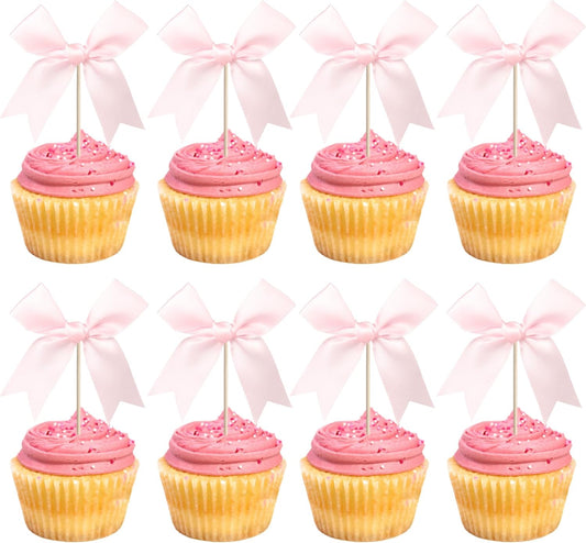 24 PCS Bow Cupcake Toppers Bowknot Coquette Bow Girls Birthday Cake Decorations Bow Cake Toppers Bowknot Cupcake Picks for Baby Shower Birthday Wedding Bridal Engagement Party Supplies Pink