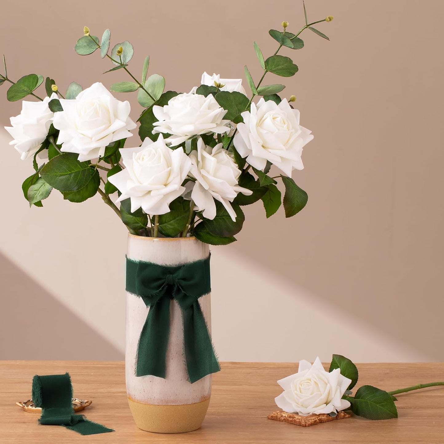 DORIS HOME 2" x21Yd Chiffon Ribbon for Flower Bouquet, Green & Cream Fabric Ribbon for Gift Wrapping, Handmade Frayed Ribbon for Wedding/Christmas Decorations