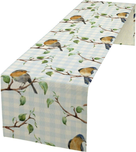 Bird Table Runner,Spring Birds Tree Blue Plaid Print Table Runner for Kitchen Dining Table Decoration Home Party Decor 13x90 Inch