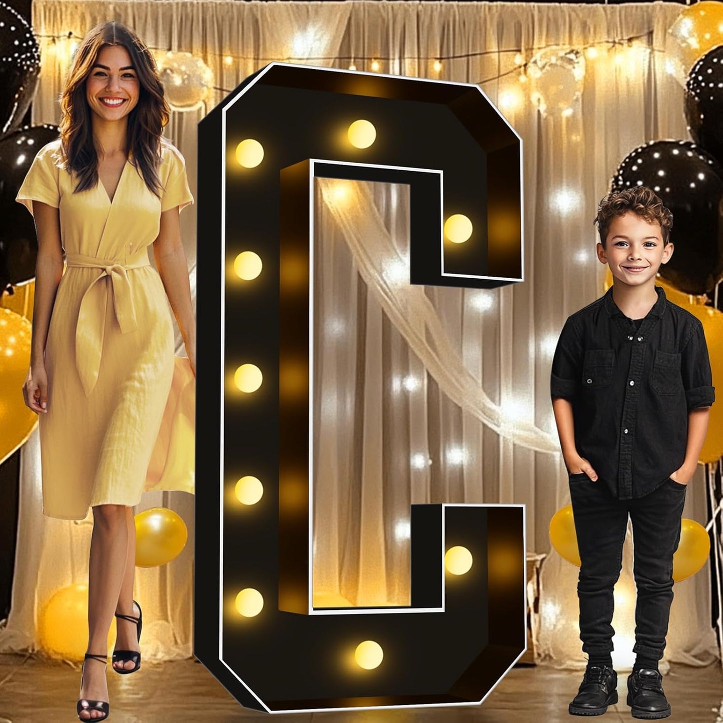 Pooqla 4 FT Marquee Light Up Letters, Giant Letter Sign Black Marquee Letter Lights 4 Feet Tall, Big Mosaic Letters for Balloons Birthday Party Anniversary Wedding Decorations, Warm White Letter C