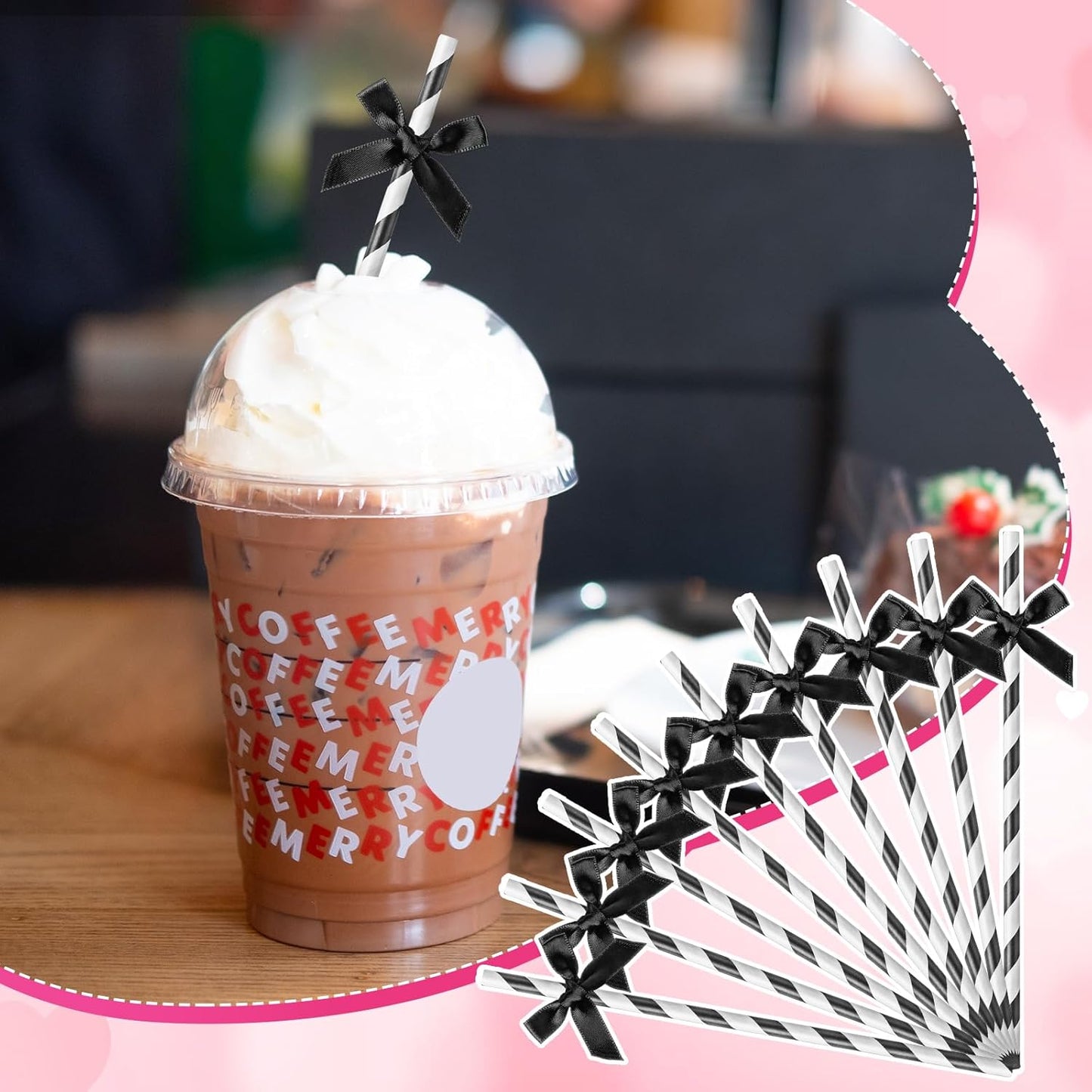 50 Pcs Black Bow Paper Straws for Drinking, Black and White Striped Straw Bulk Disposable Bachelorette Party Supplies for Wedding Birthday Baby Shower Party Decorations