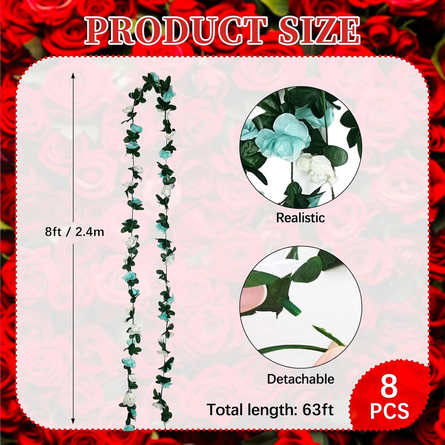 16Pcs 126Ft Teal&White Rose Garland, Fake Rose Hanging Flowers, Artificial Flower Vine, Hanging Floral Vine Garland for Wedding, Birthday Party, Wall Arch, Halloween, Christmas Garden Backdrop Decor